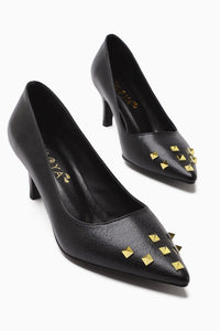 Anni – Black Crinkled Patent Pyramidal-Studded Heeled Shoe (Women)