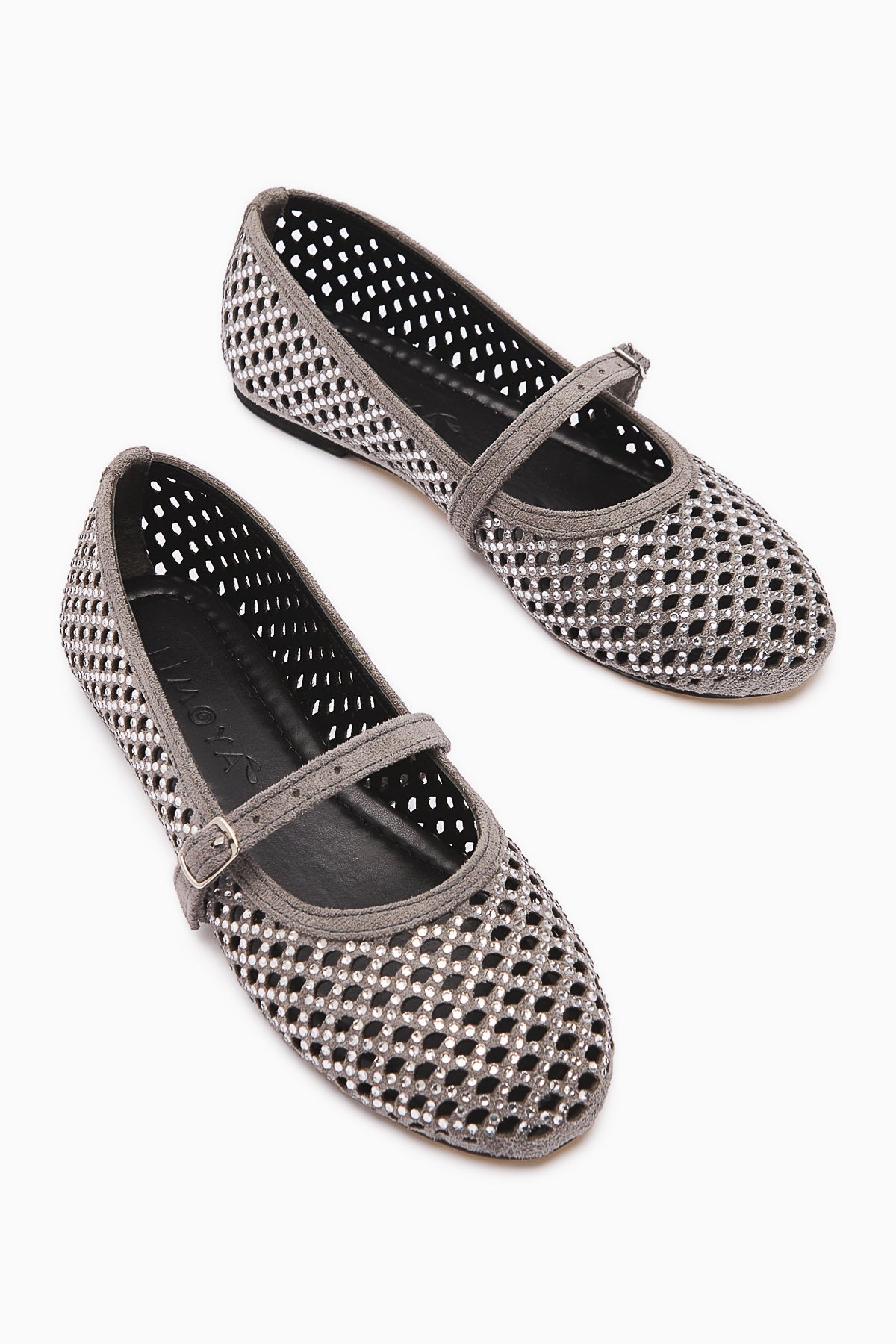 Nicole Gray Suede Oval Toe Perforated Stone Detailed Single Strap Casual Women's Shoes