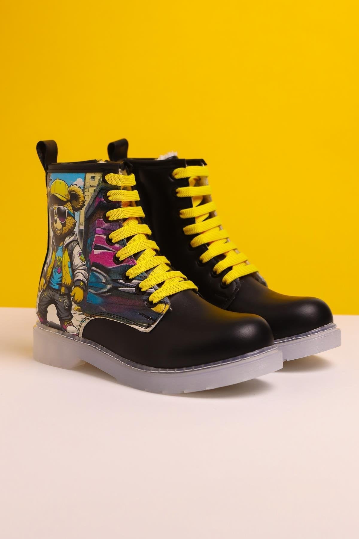 Denis Black Striped Character Print Lace-Up Kids Boots