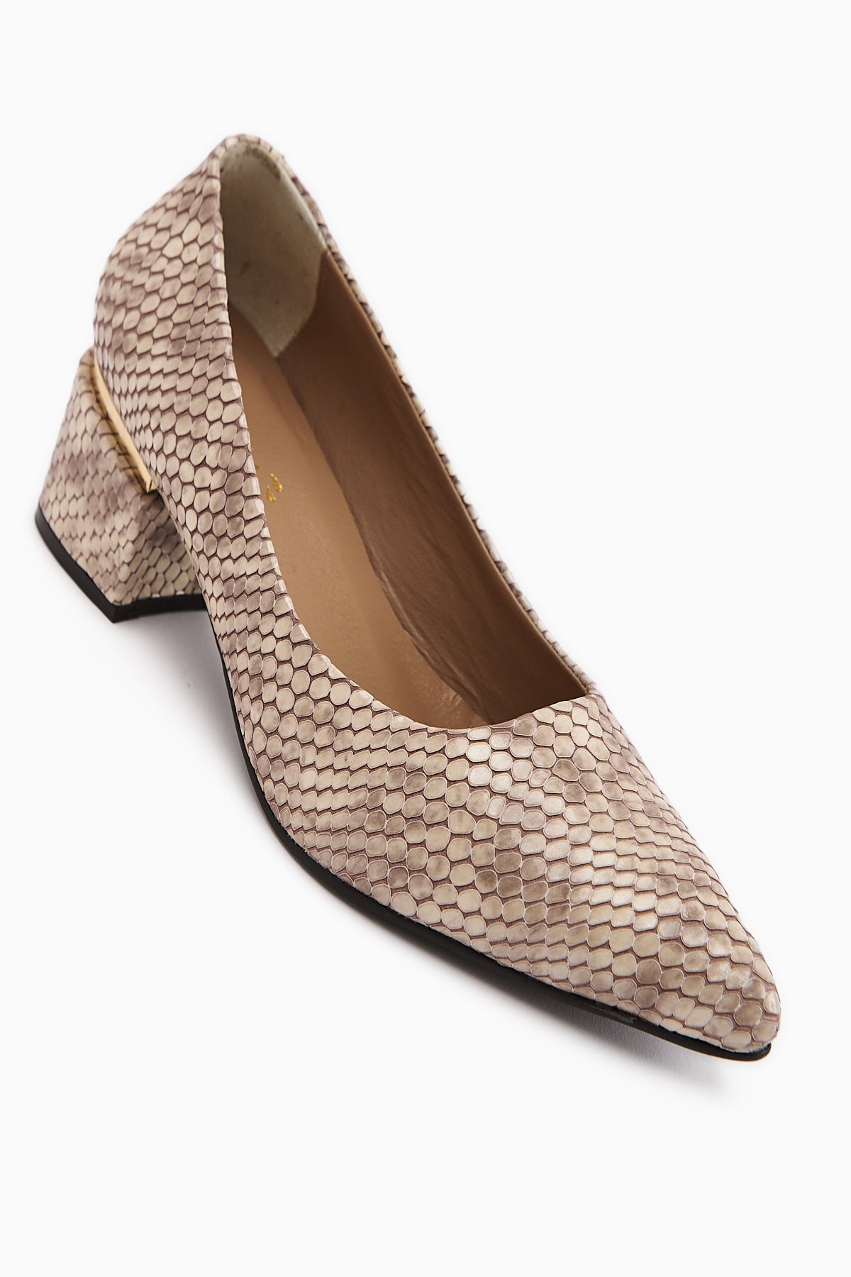 Emelia – Genuine Leather Beige Snake-Print Heeled Shoe (Women)