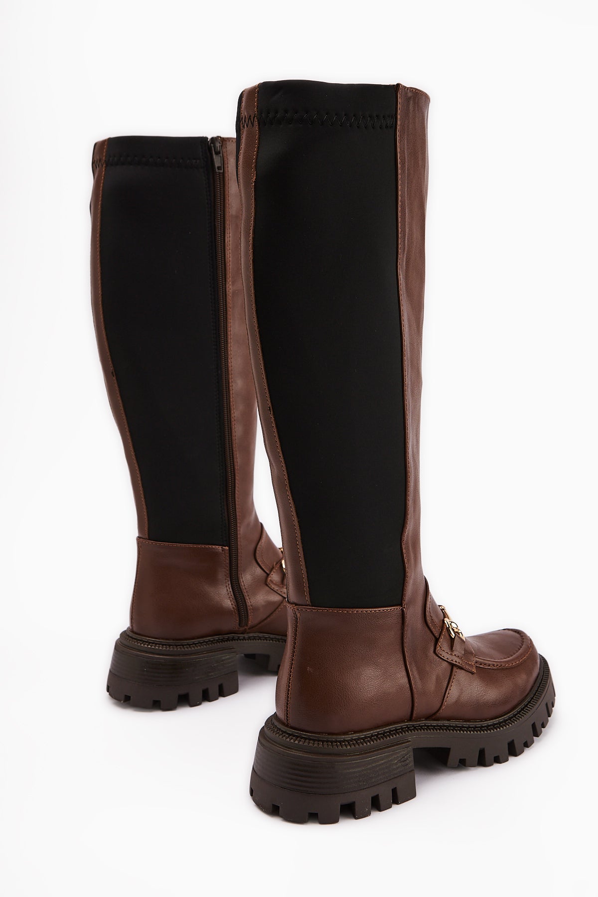 Meli Tan Wide Calf Stretch Buckle Detailed Fabric Boots