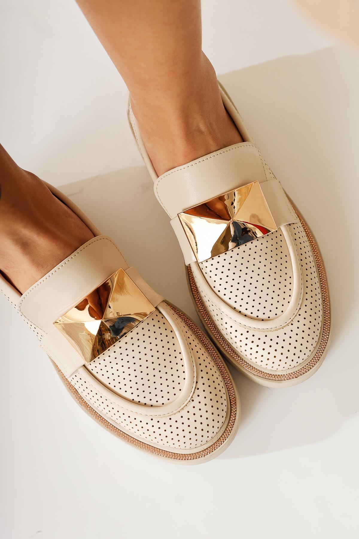 Khloe – Beige Buckle-Detail Perforated Loafer (Women)