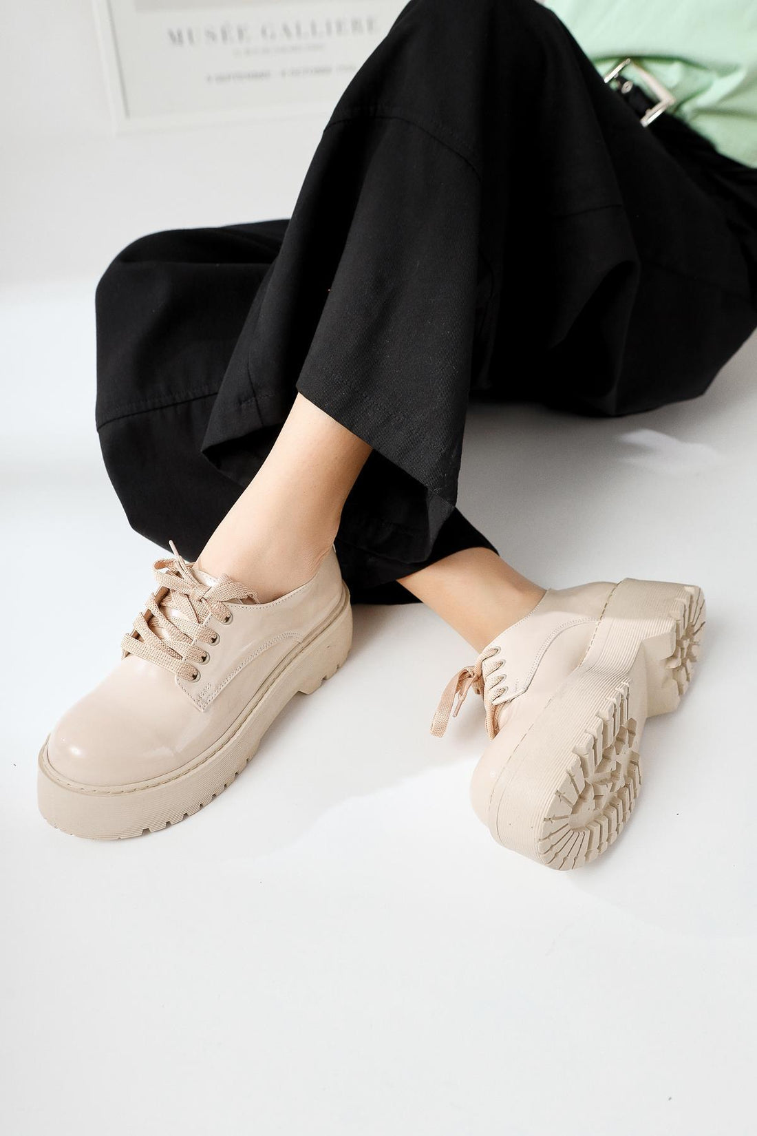 Alisson Beige Patent Leather Oval Toe Thick Soled Casual Shoe