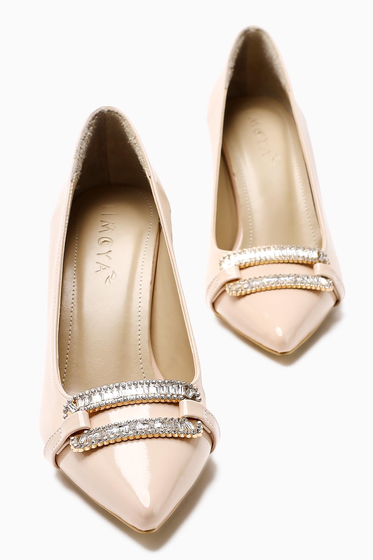 Ania Beige Patent Leather Pointed Toe Heels with Jewel Buckle Detail