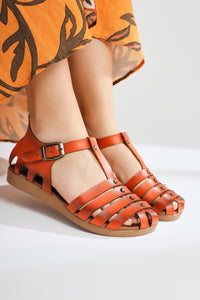 Tori Genuine Leather Orange Four-Strap Adjustable Flat Sandals