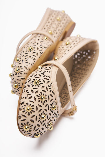 Jara Cream Ethnic Patterned Perforated Women's Ballet Shoe