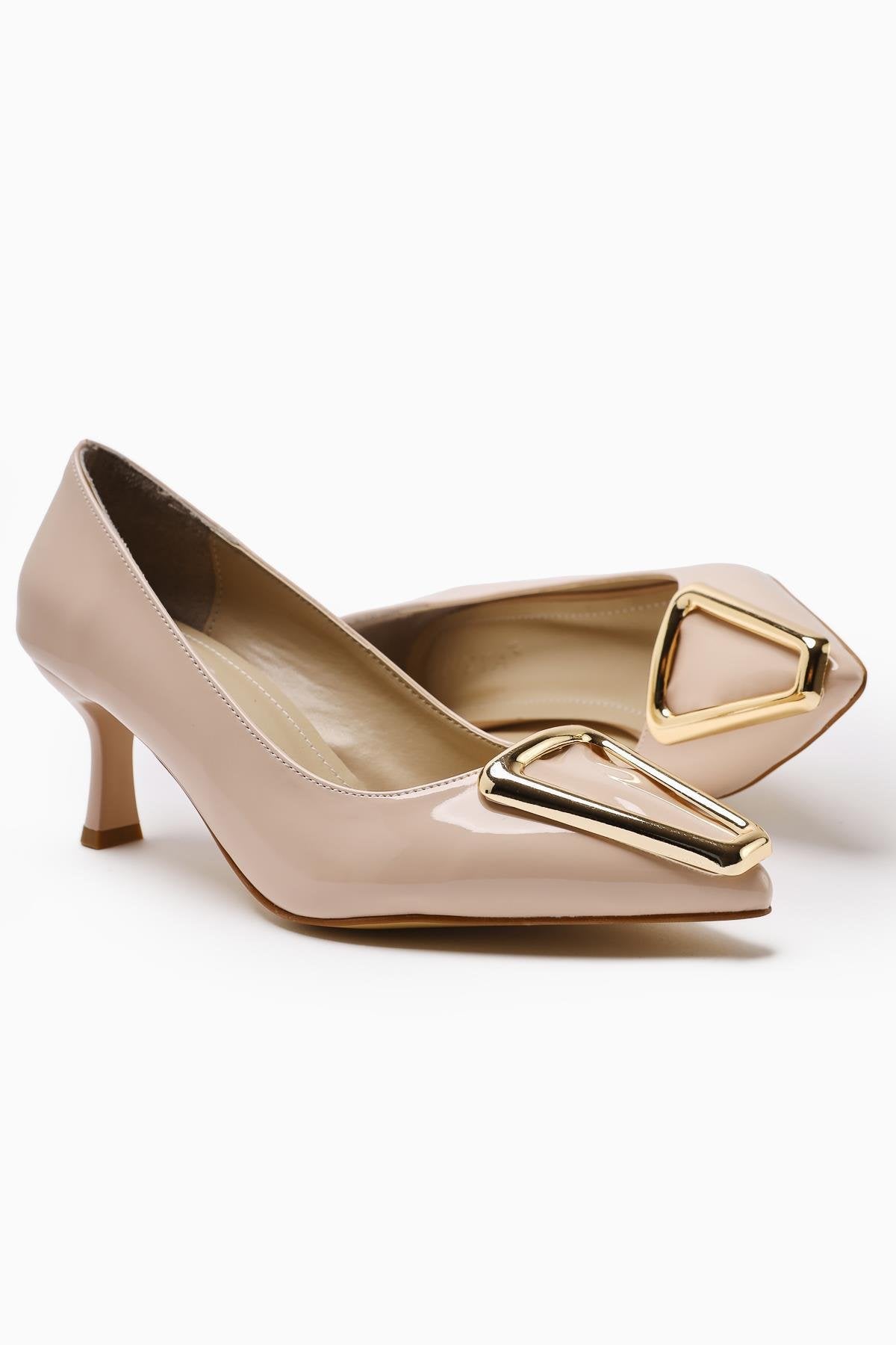 Carla Beige Patent Pointed Toe Buckle Detailed Women’s Heeled Shoes