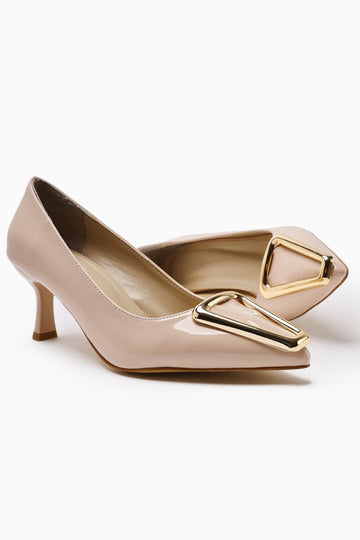 Carla Beige Patent Pointed Toe Buckle Detailed Women’s Heeled Shoes