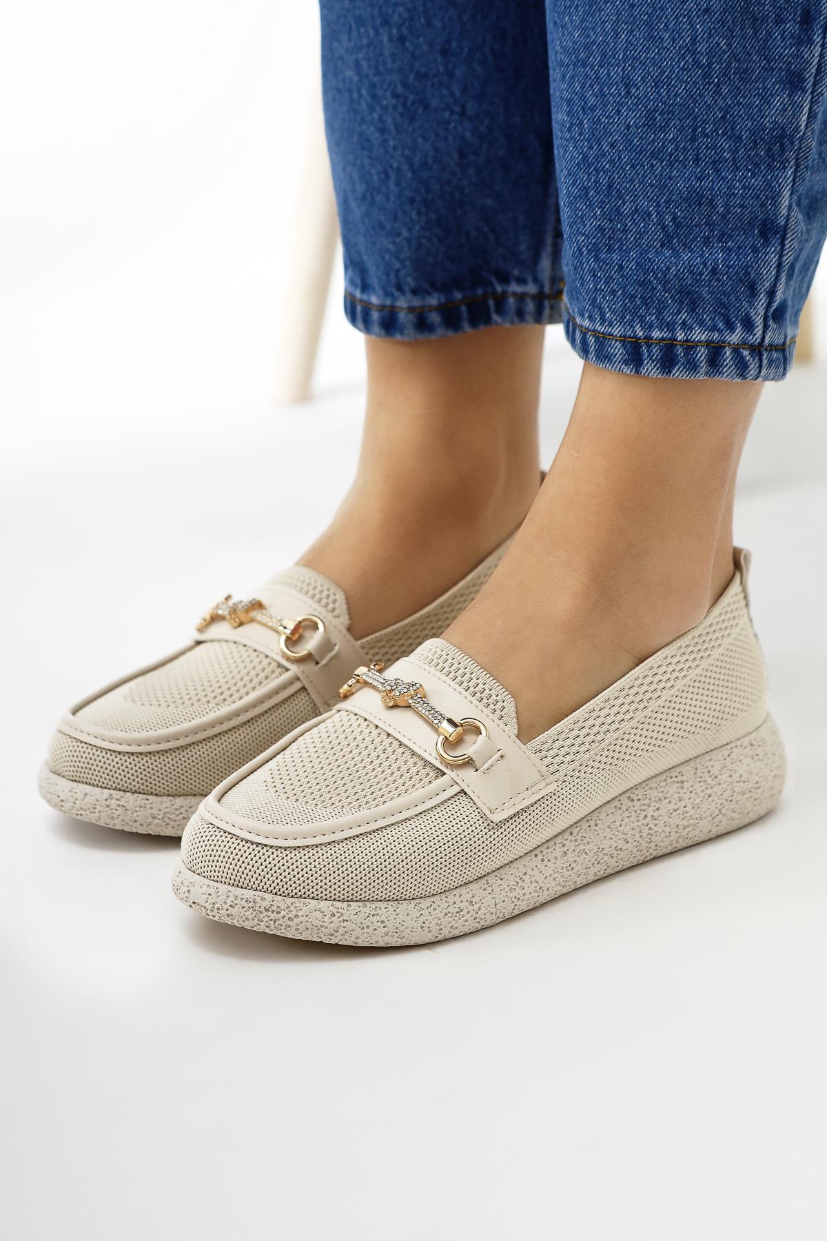 Alea Nude Woven Rhinestone Buckle Detail Casual Shoes