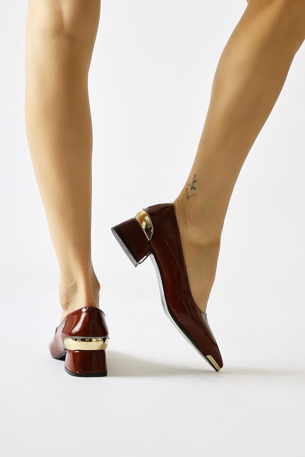 Alica Burgundy Patent Leather Pointed Toe Pumps with Gem Details