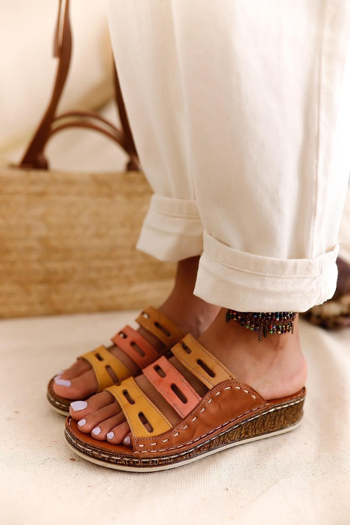 Joelle – Genuine Leather Cognac Mustard Orange Laser-Cut Slide (Women)