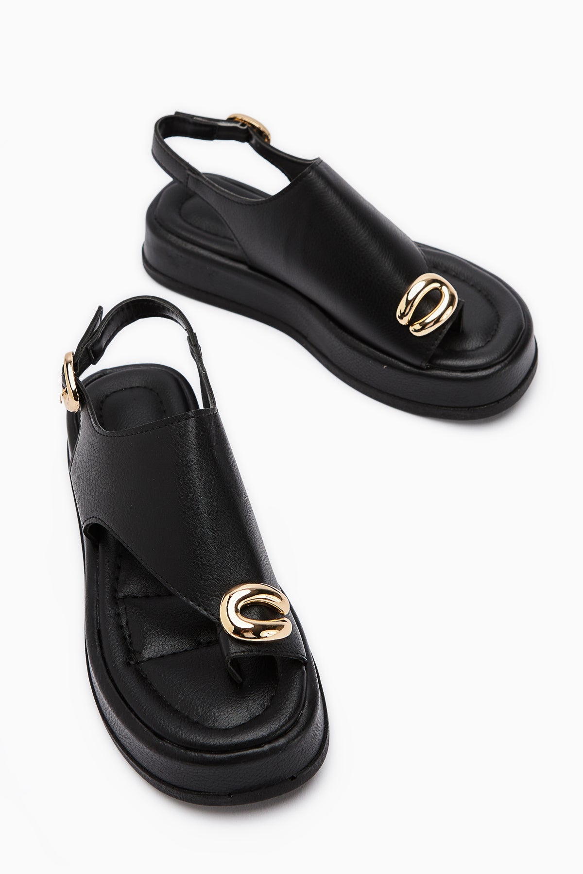 Troya Black Toe-Post Buckled Women's Sandals