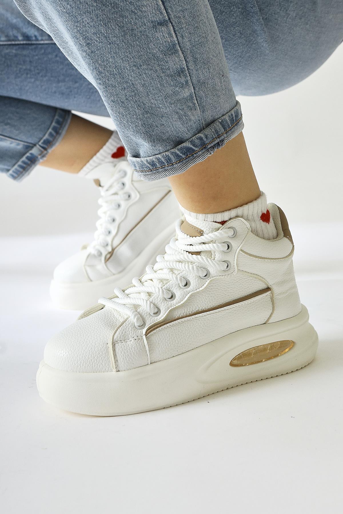 Lourin – Off-White Leather-Look Pattern Air-Sole Lace-Up Sneaker Boot (Women)