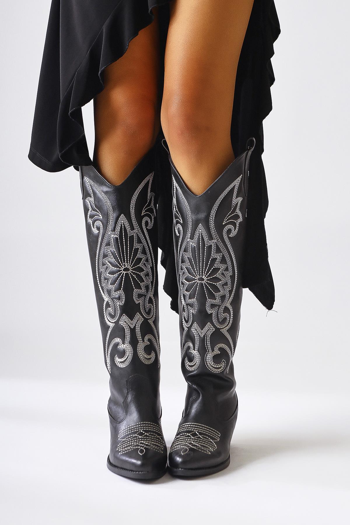 Dani – Black Embroidery-Detail Pointed-Toe Western Knee-High Boot (Women)