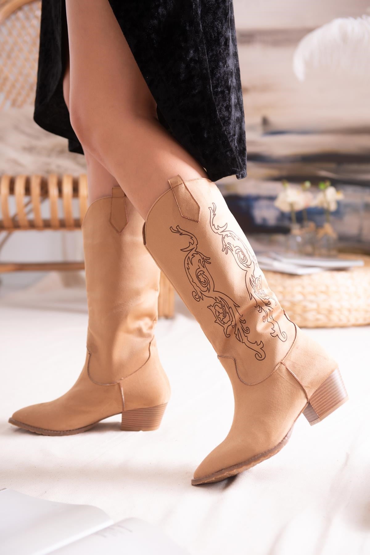 Erin – Cognac Suede Laser-Cut Western Knee-High Boot (Women)