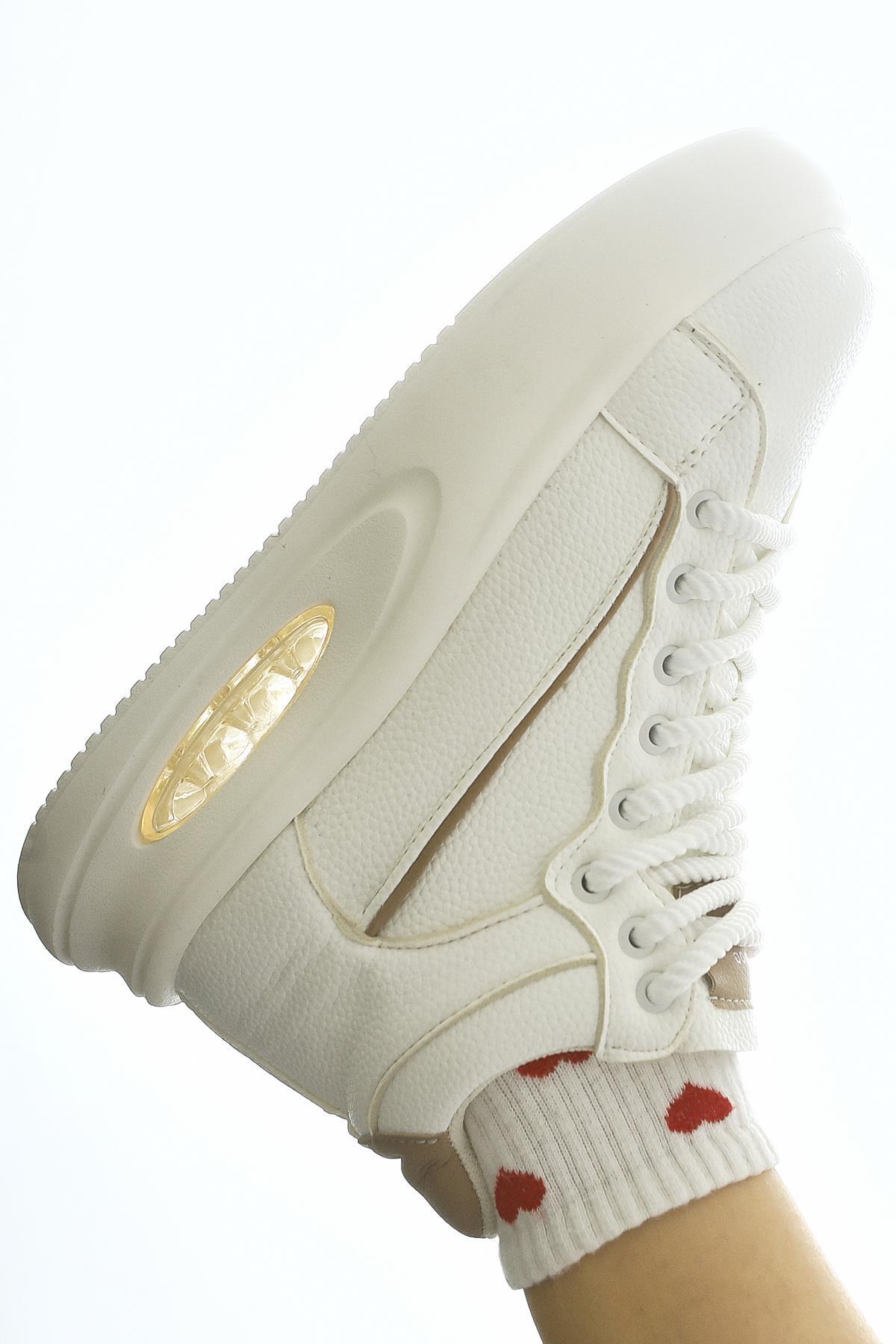 Lourin – Off-White Leather-Look Pattern Air-Sole Lace-Up Sneaker Boot (Women)