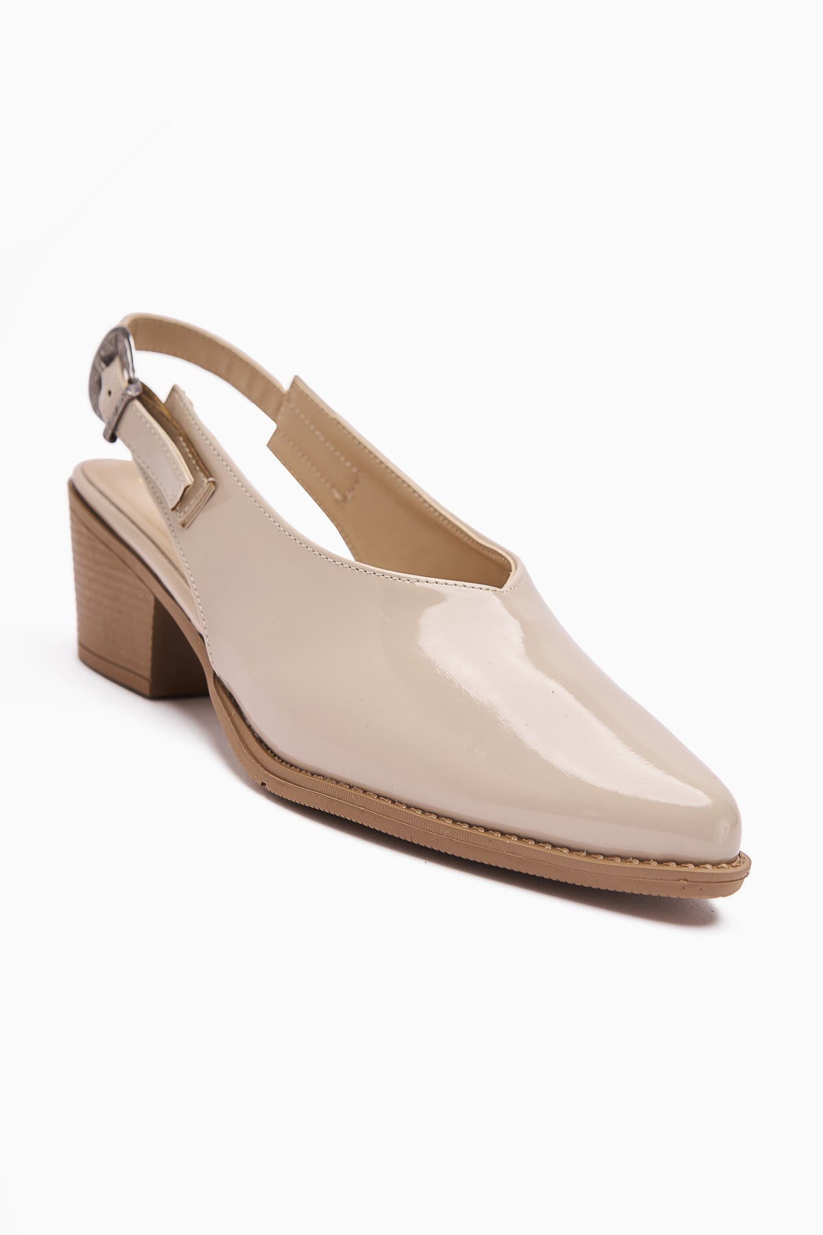 Emira Beige Patent Leather Pointed Toe Closed Front Women's Sandal