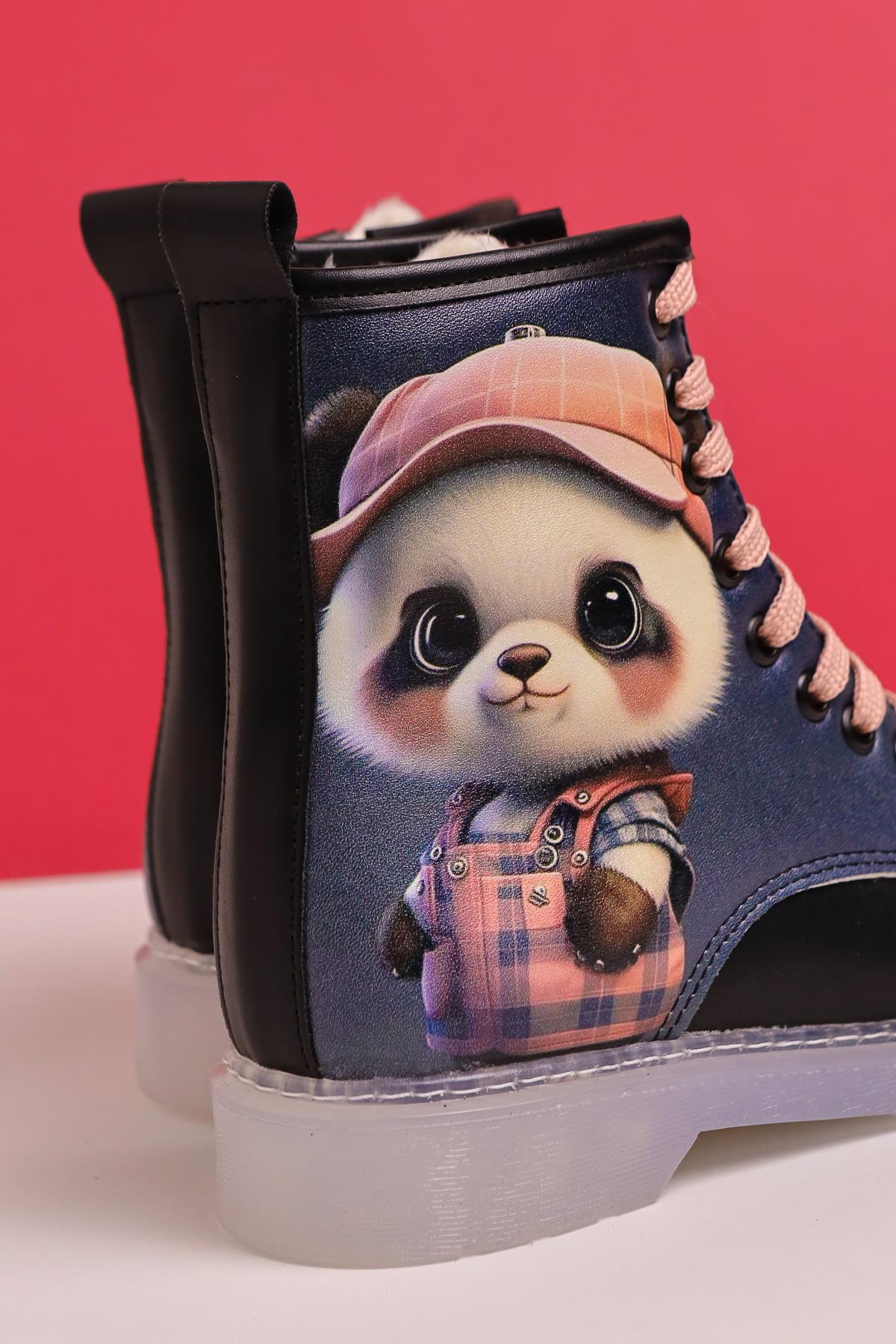 Dordie Black Striped Character Print Lace-Up Kids' Boots