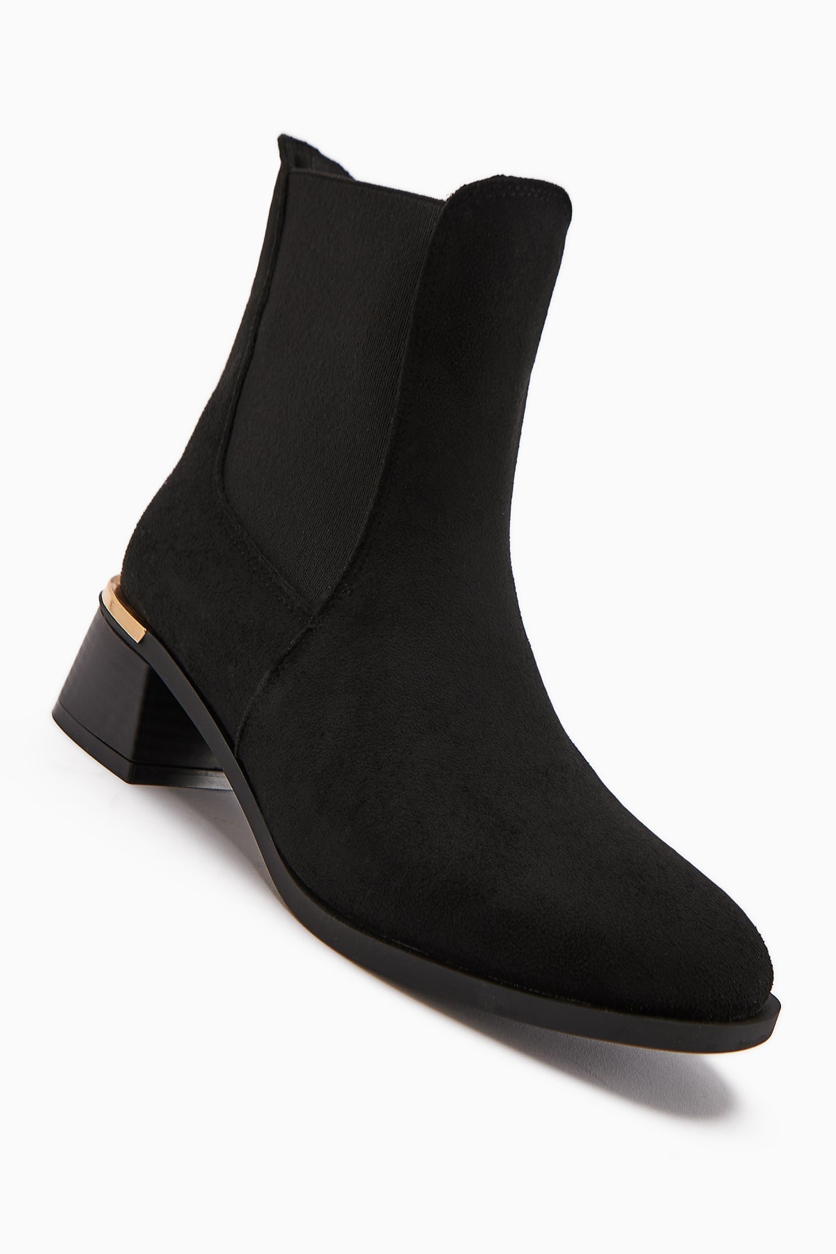 Verna – Black Suede Elastic-Panel Heeled Boot (Women)