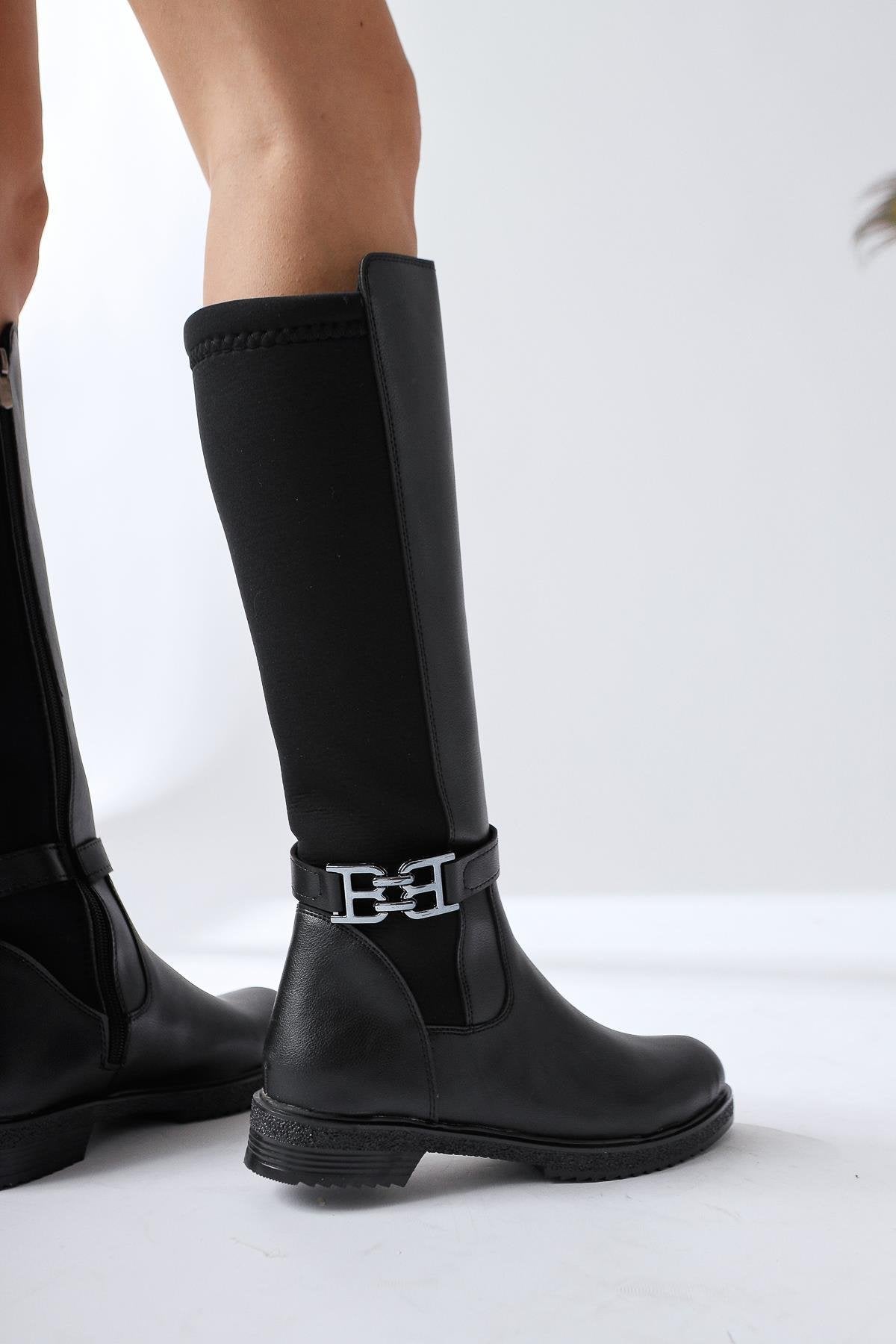 Mountaha – Black Neoprene Cuff Accessory-Detail Low-Heel Knee-High Boot (Women)