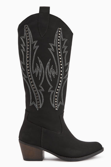 Fizaro Black Pointed Toe Embroidered Studded Western Boots