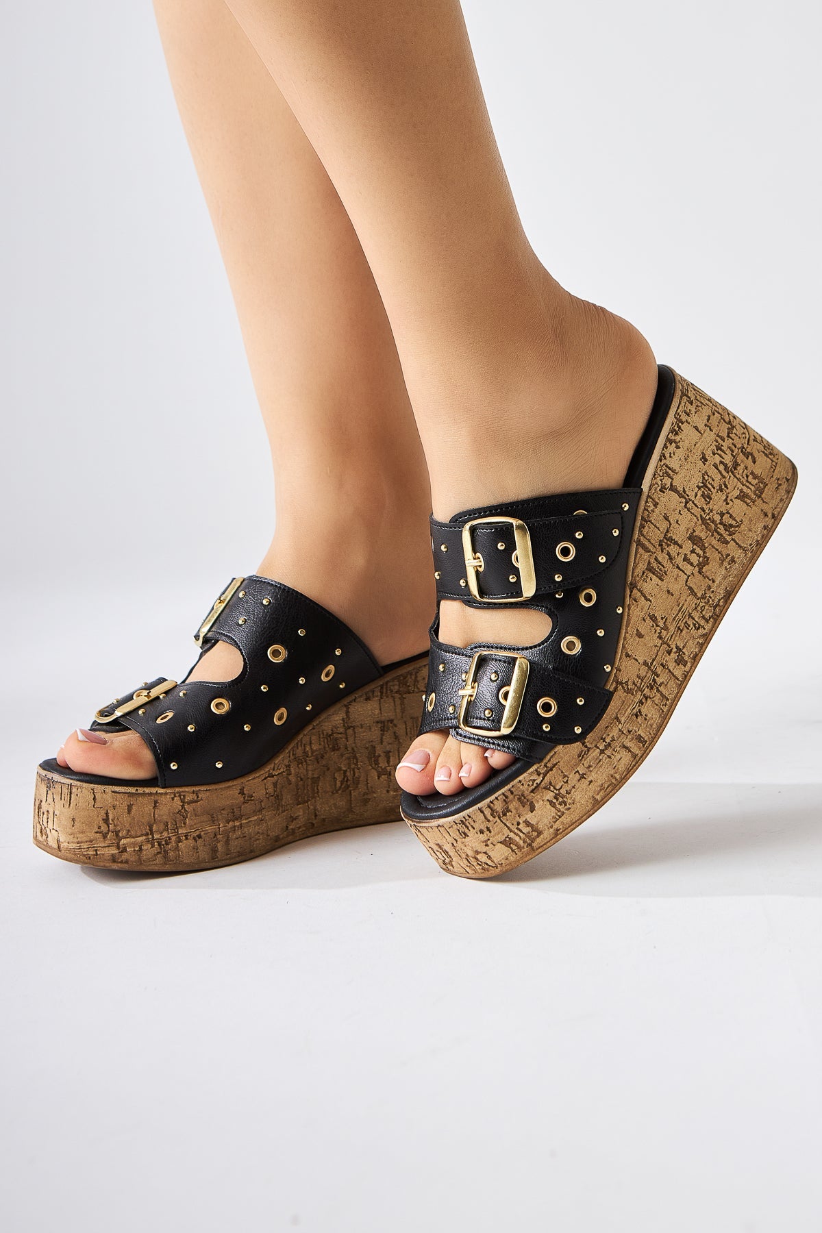 Genja Black Chunky Heel Women's Slides with Straps