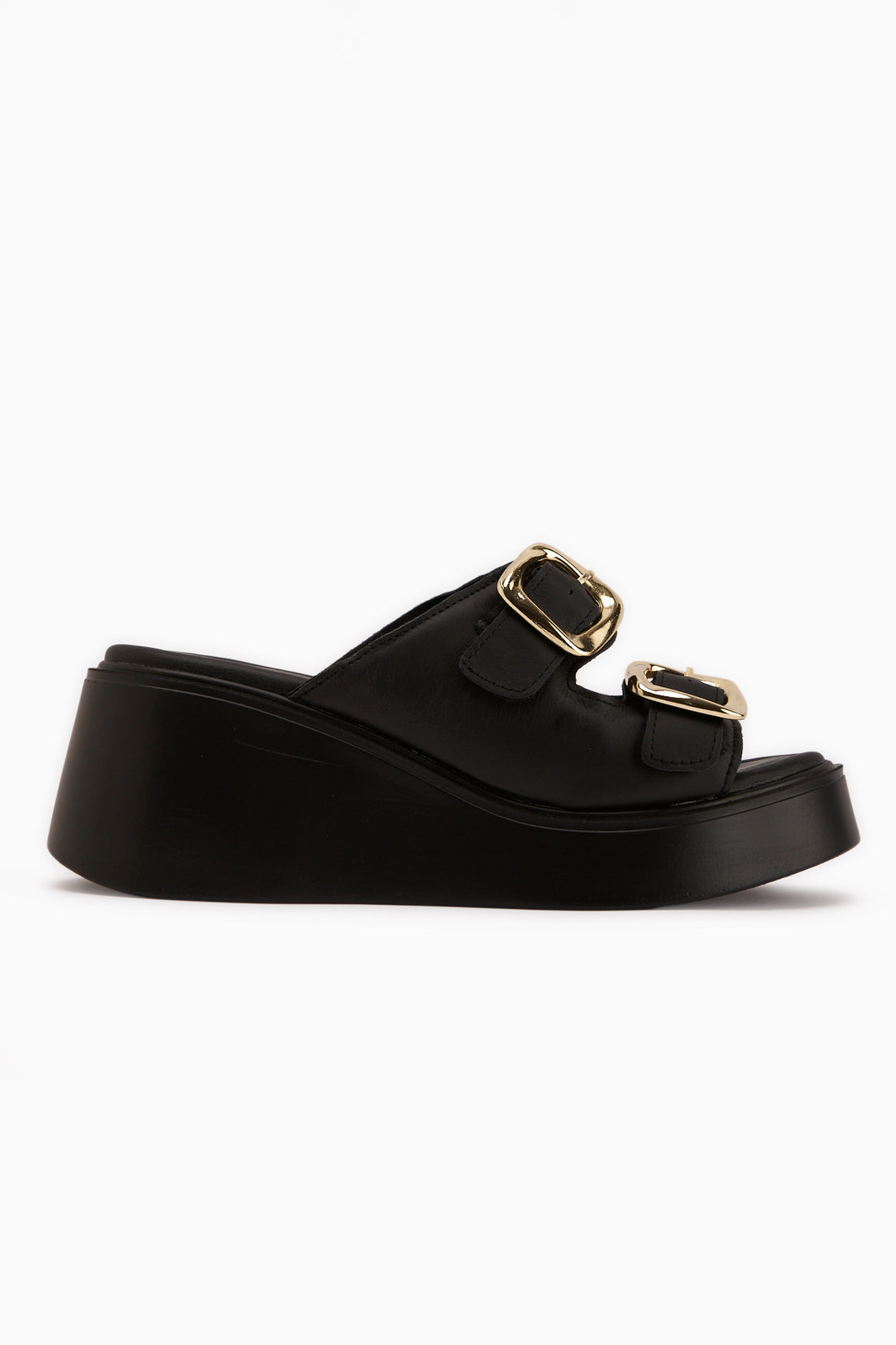 Luna Genuine Leather Black Double Strap Platform Women’s Slippers