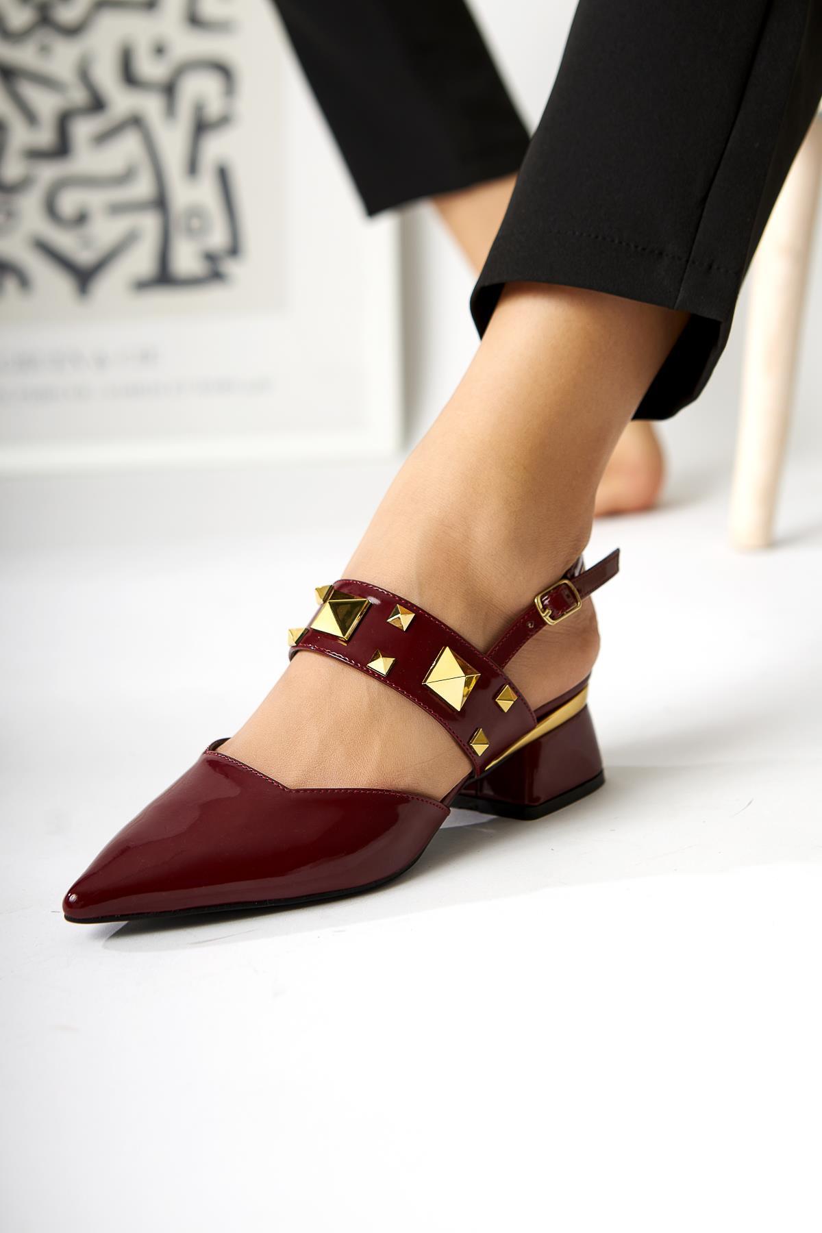 Nicoline Burgundy Patent Pointed Toe Pyramid Studded Women’s Heeled Shoes