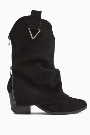 Peggy – Black Suede Heeled Western Knee-High Boot (Women)