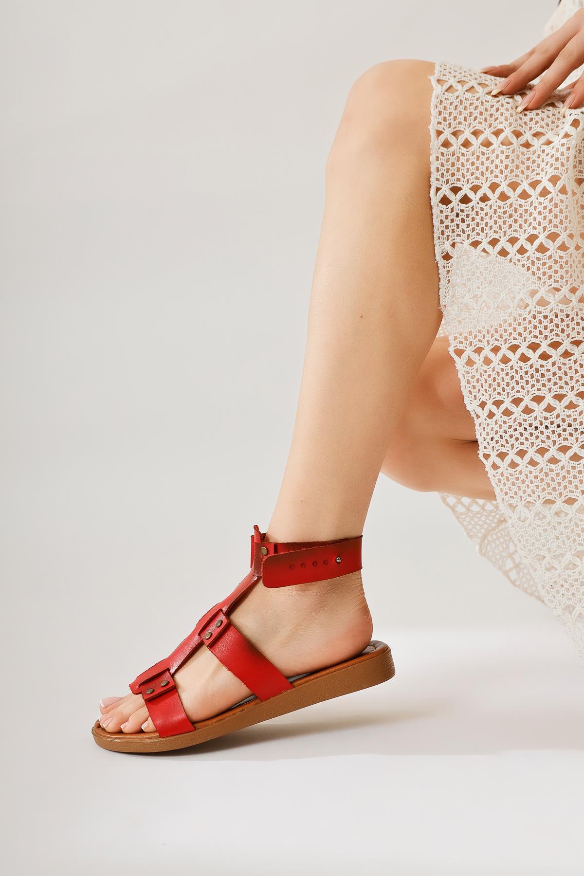 Rayen Genuine Leather Red Triple-Strap Studded Belt Sandals