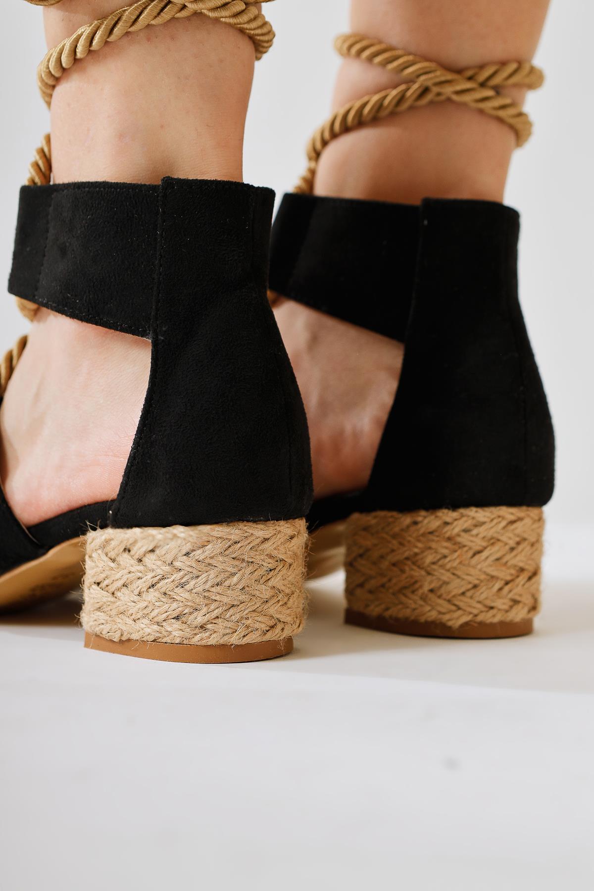 Unity Black Suede Thick-Strap Sandals with Rope Tie