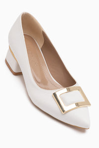 Charoline White Buckled Short Heeled Pointed Shoes
