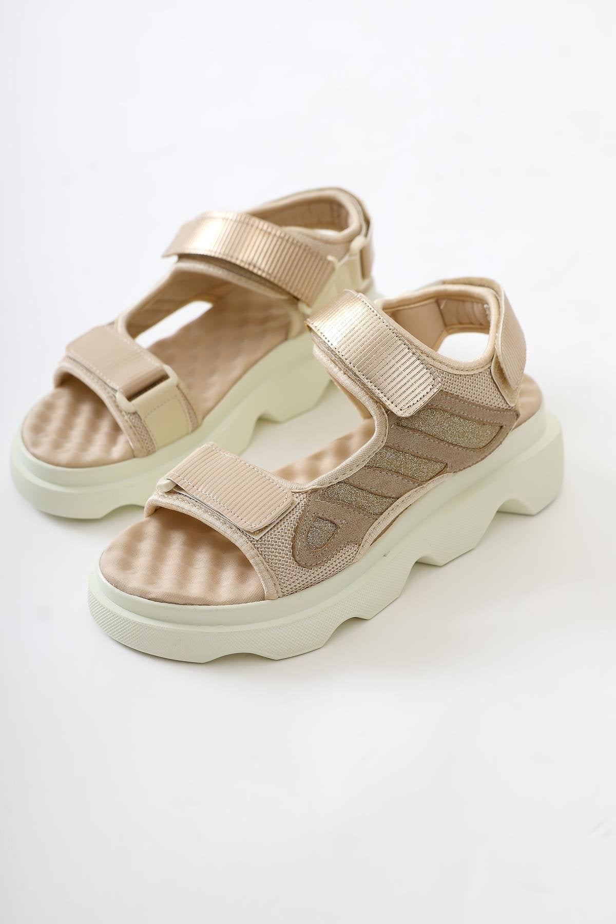 Quan Beige Sandal with Sequin Detail and Comfortable Velcro Sole