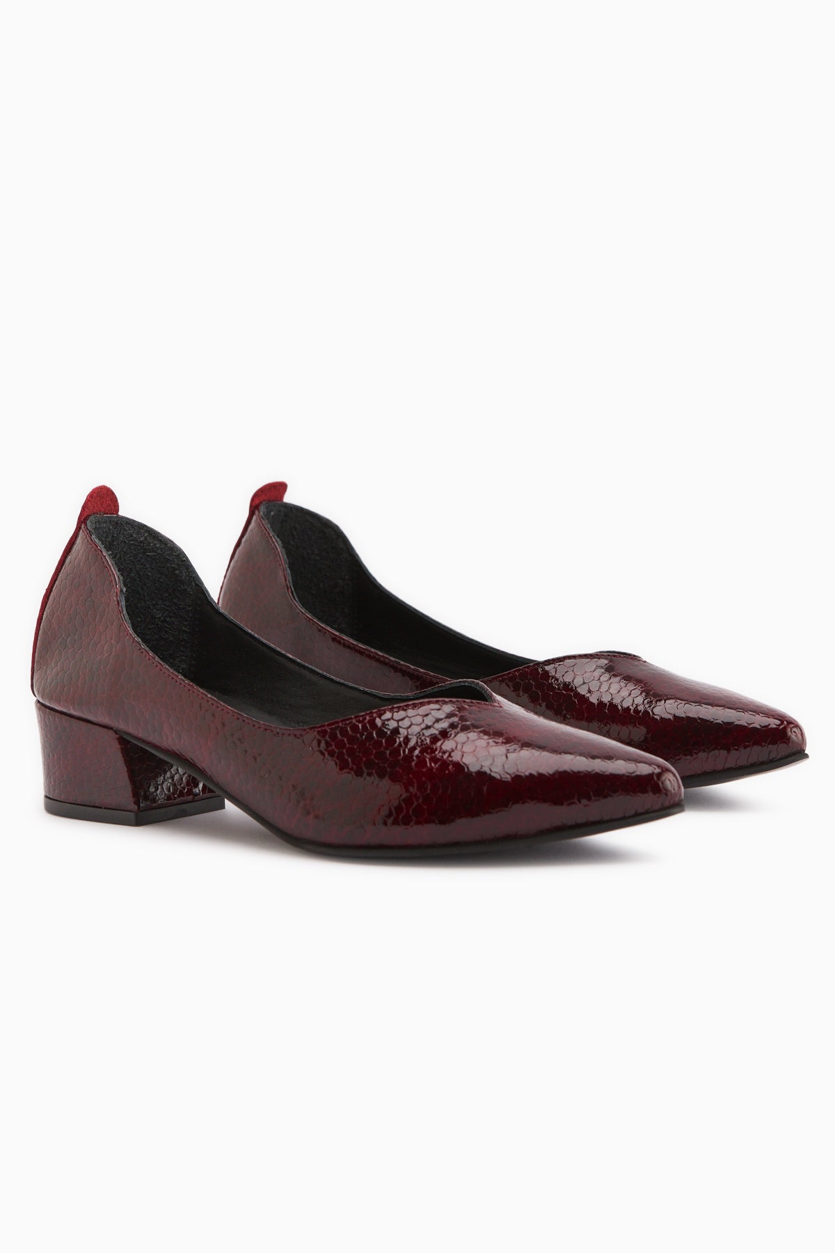 Samia Genuine Leather Burgundy Snake Pattern Thick Heeled Women’s Shoes