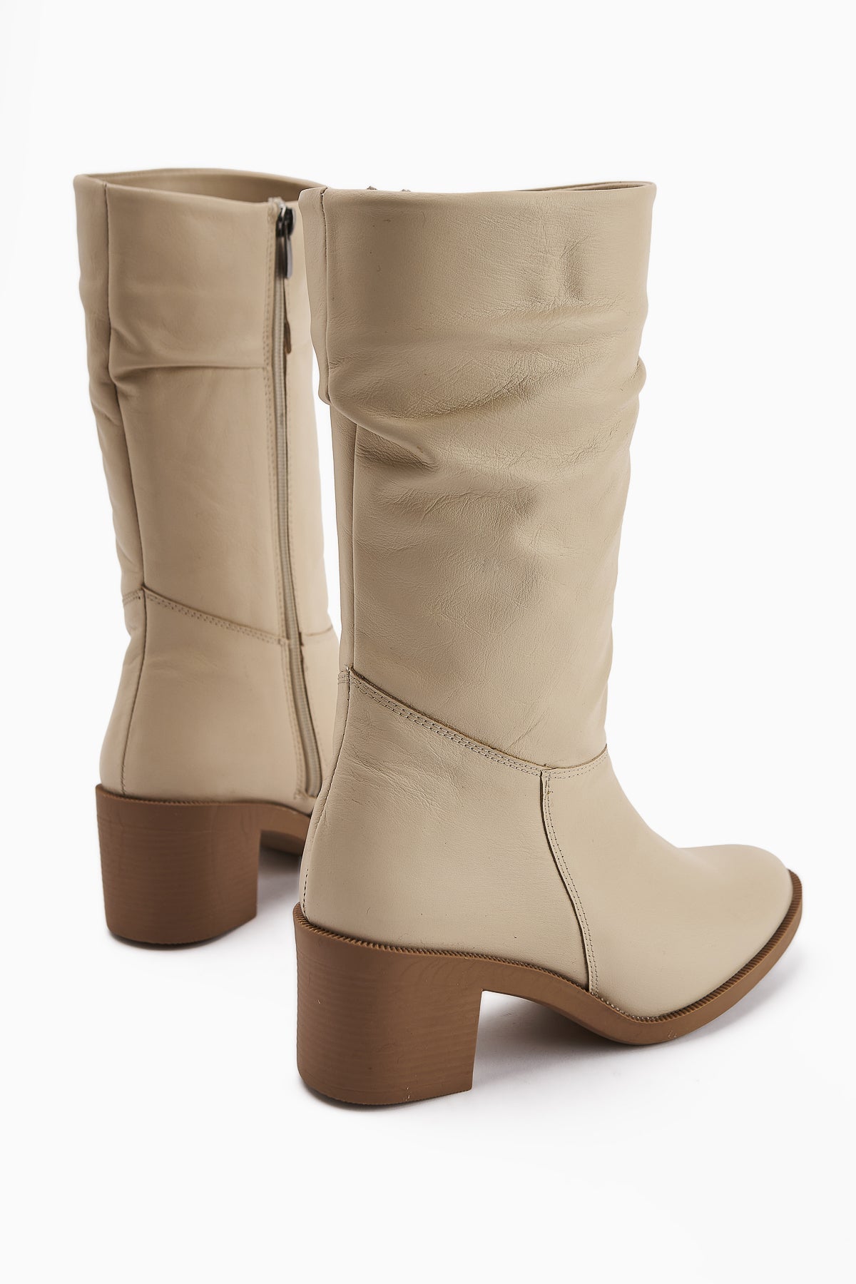 Sahara Genuine Leather Beige Pleated Zipper Women's Boot
