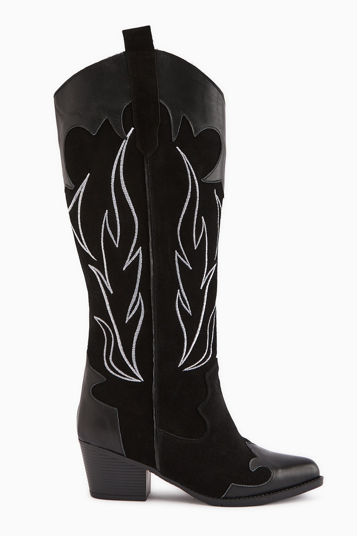 Lara Genuine Leather – Black Suede Embroidered Leather-Detail Heeled Western Knee-High Boot (Women)