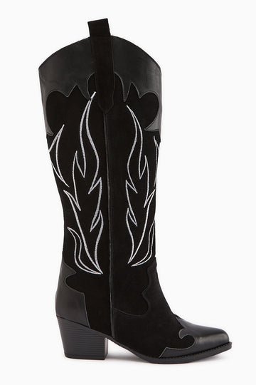 Lara Genuine Leather – Black Suede Embroidered Leather-Detail Heeled Western Knee-High Boot (Women)
