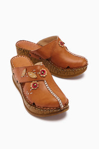 Genuine Leather Alto Tan Wedge Slippers with Vintage Sole Comfort Slippers