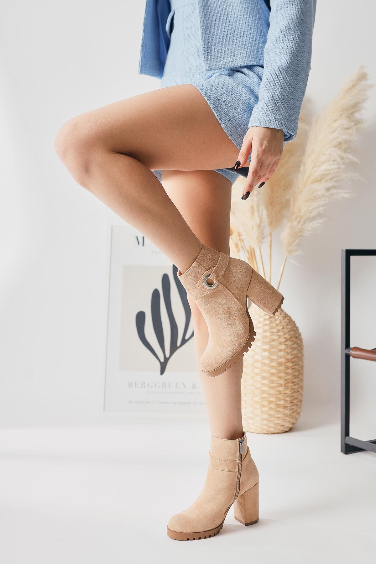 Destina – Cream Suede Oval-Toe Ankle-Accessory Heeled Boot (Women)