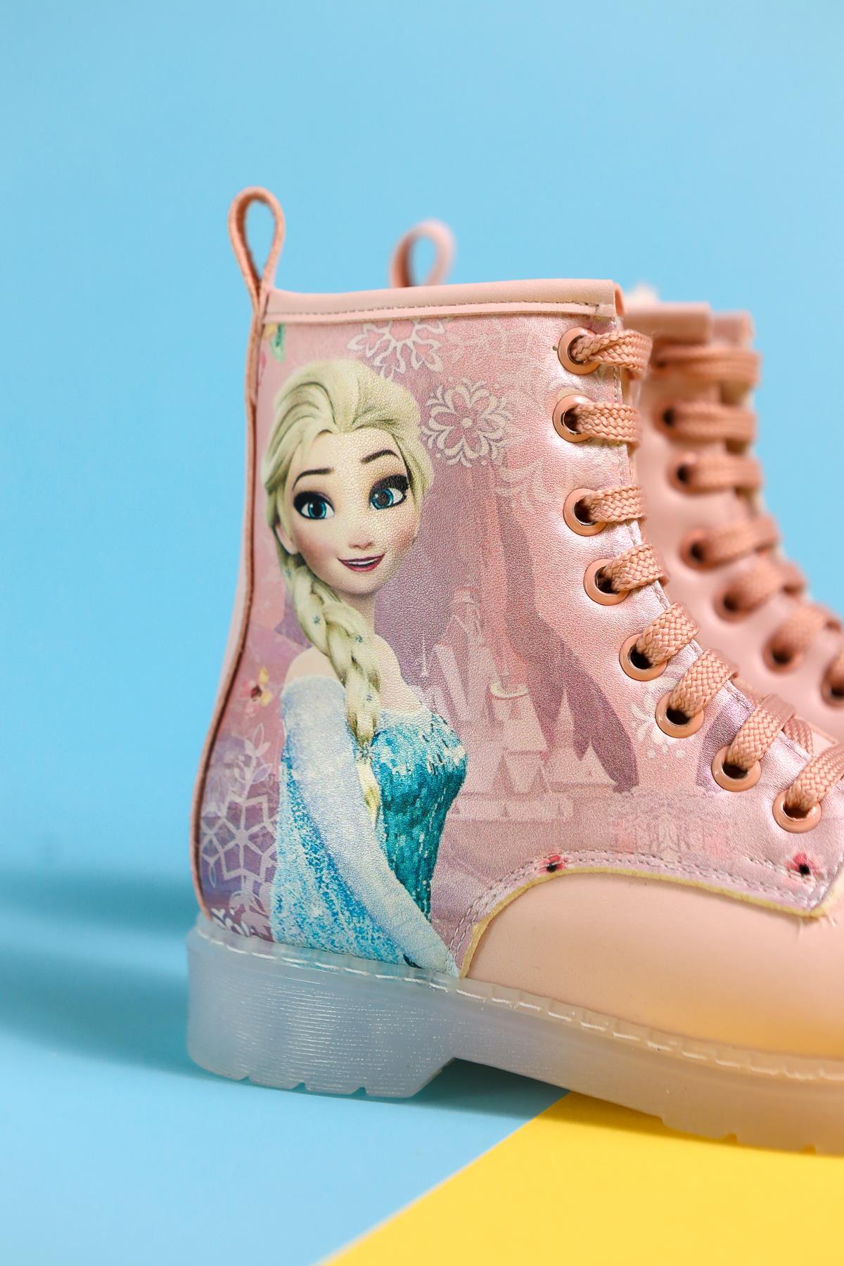 Evalisa Powder Pink Striped Character Print Lace-Up Kids' Boots