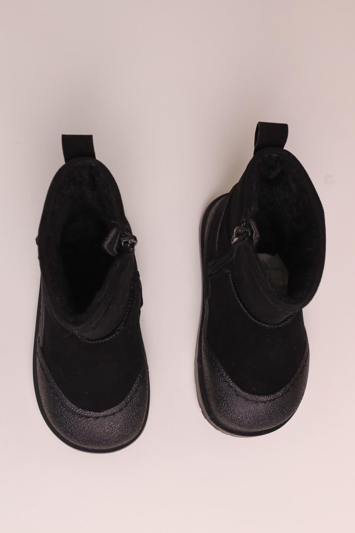 Jasmin Black Suede Boots with Reverse Stitching and Fur Lining for Kids