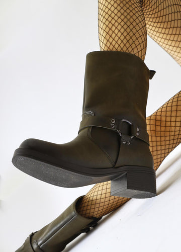 Maggie – Olive Buckle-Detail Elasticized Long Pull-On Boot (Women)