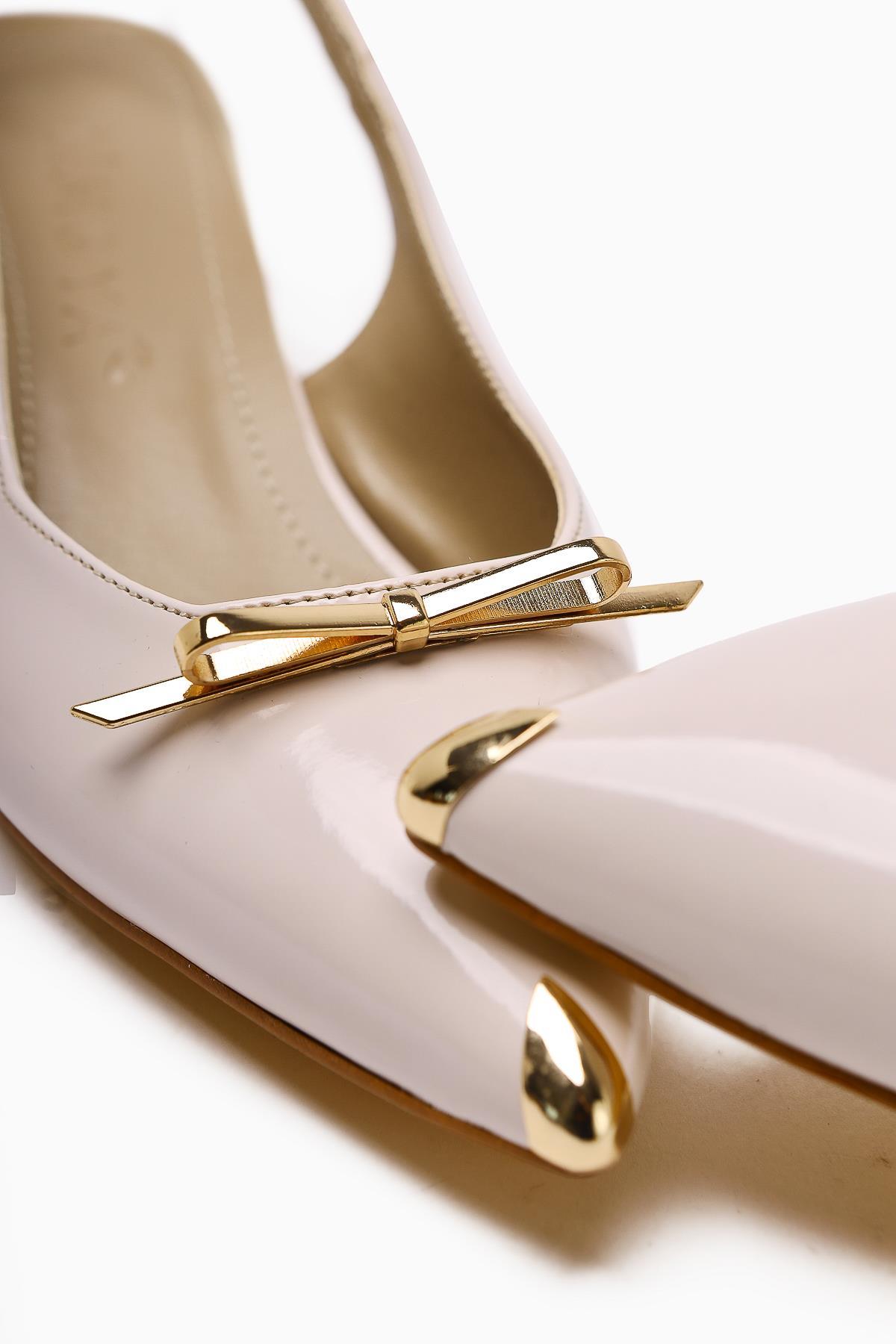 Noella Beige Patent Pointed Toe Metallic Bow Short Heeled Women’s Shoes