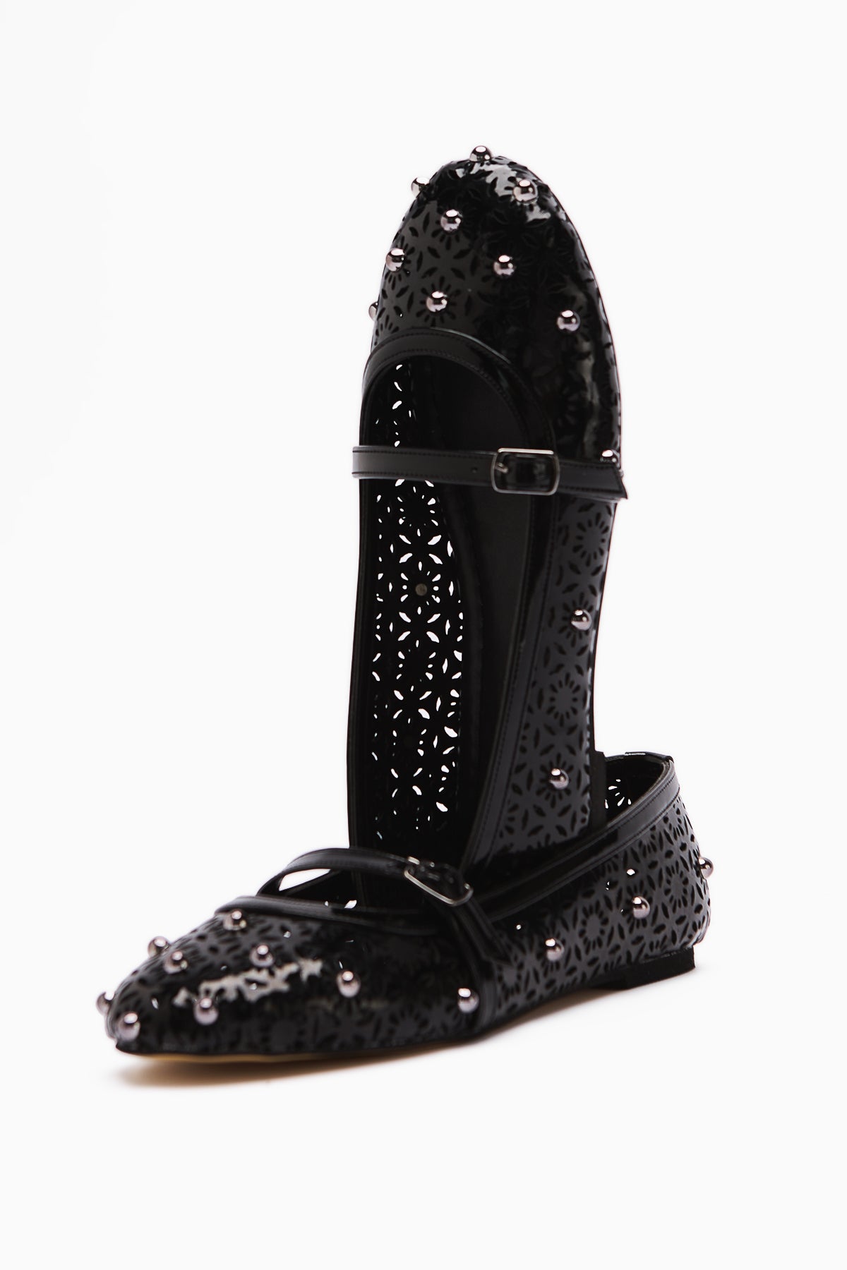 Jara Black Patent Leather Women's Ballet Flat with Ethnic Pattern and Perforated Design