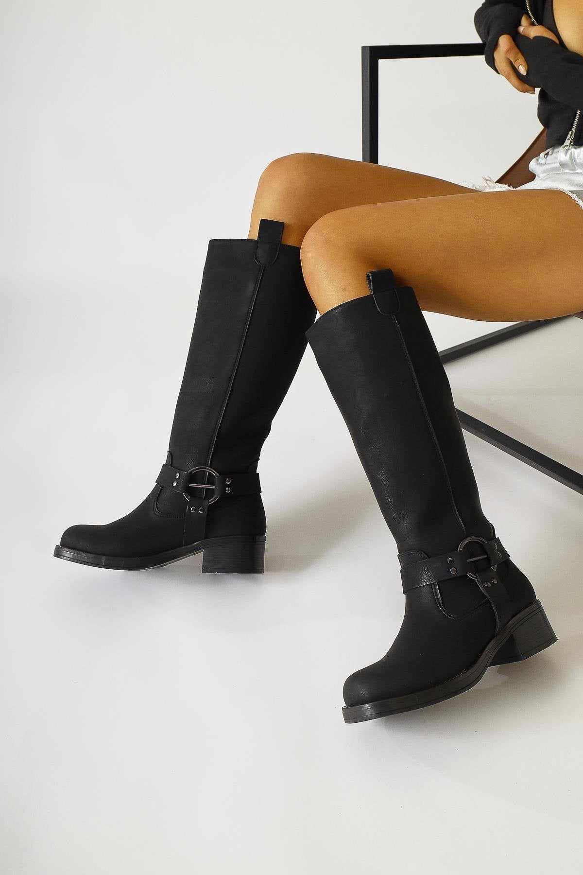 Soleil Black Pull-On Boot with Belt Detail