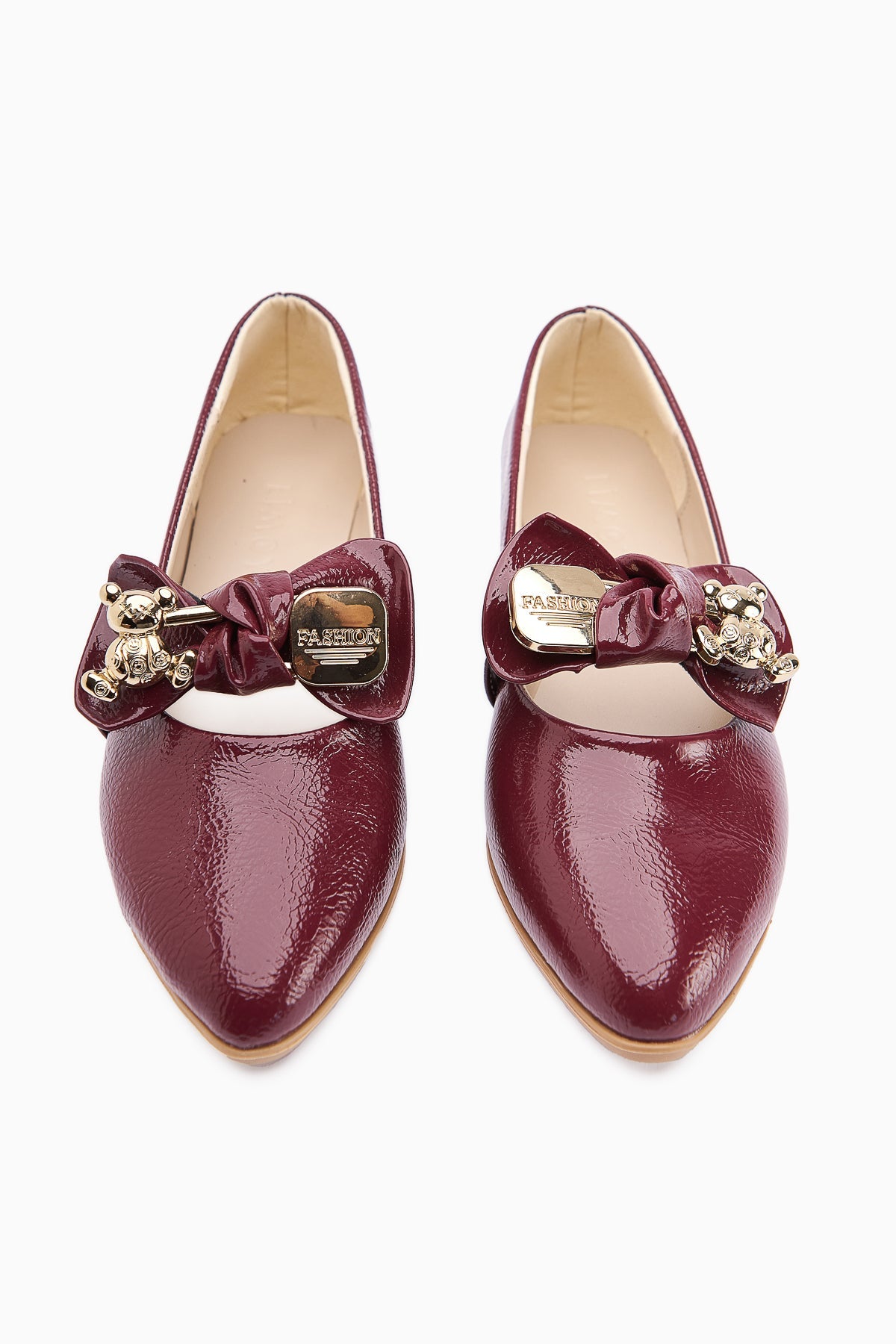 Joselin Burgundy Crinkled Patent Leather Flat with Bow Accessory