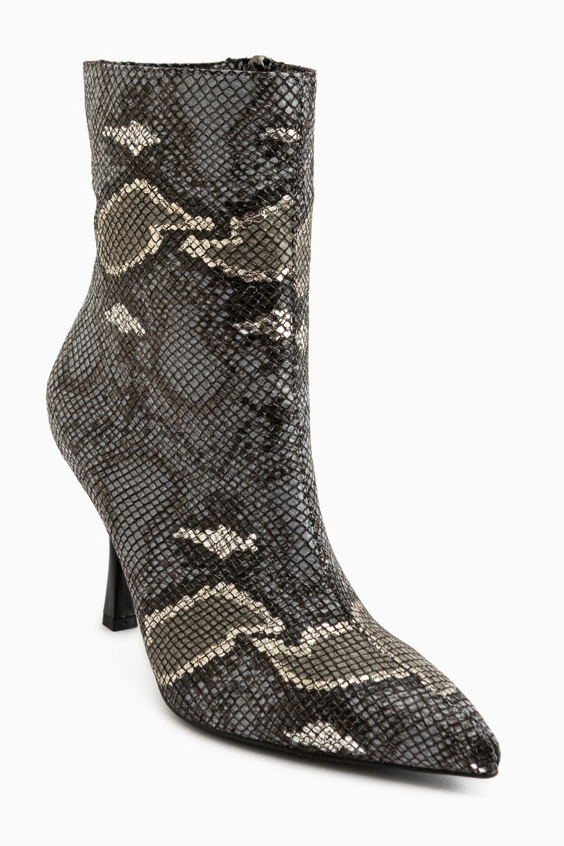 Corina Gray Snake Pattern Pointed Toe Women’s Heeled Boots