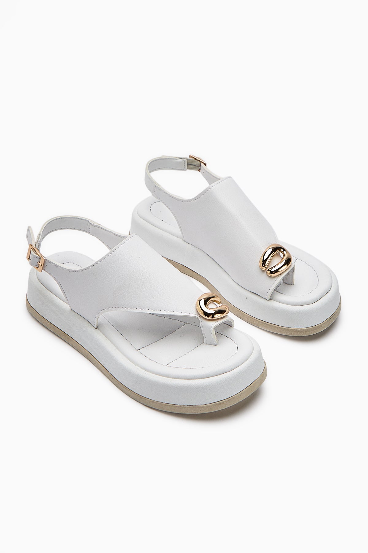Troya White Toe-Post Buckled Women's Sandals