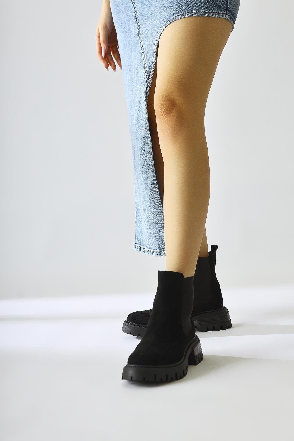Leyah – Black Suede Laser-Cut Elastic Boot (Women)
