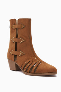 Mayra Women's Tan Suede Western Summer Boots with Buckle and Rear Zipper